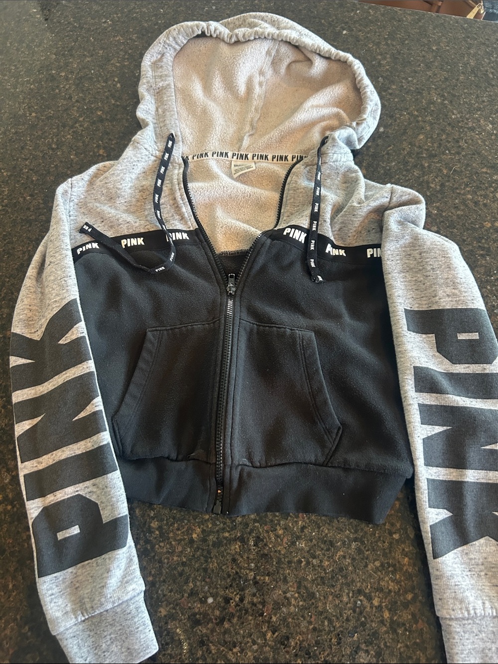 PINK Victoria's Secret Light Gray Hoodie with Logo Trim